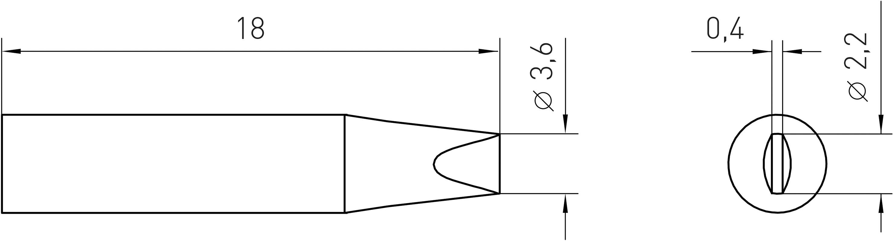 Technische Zeichnung einer Düse mit Maßen: Gesamtlänge 18, Durchmesser 3,6. Vorderansicht zeigt Öffnungsdurchmesser 0,4 und Bohrung 2,2.