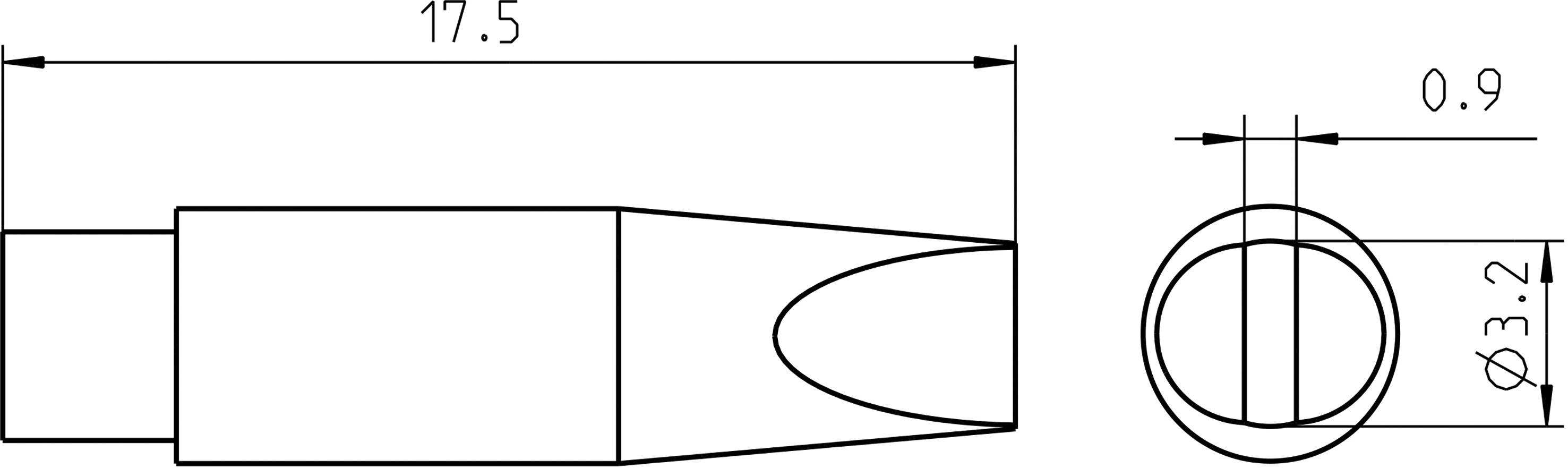 Technische Zeichnung einer zylindrischen Komponente mit den Maßen 17,5 mm Länge und 3,2 mm Durchmesser, Bohrung von 0,9 mm.