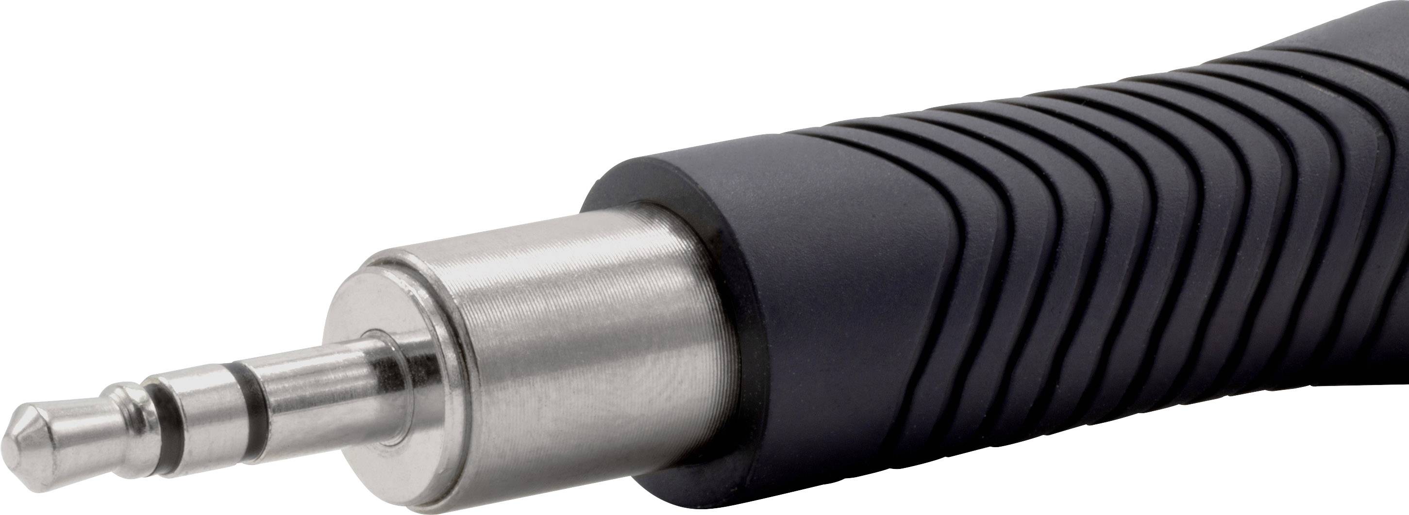 Nahaufnahme eines schwarzen, geriffelten 3,5-mm-Audiokabels mit metallischem Anschluss.