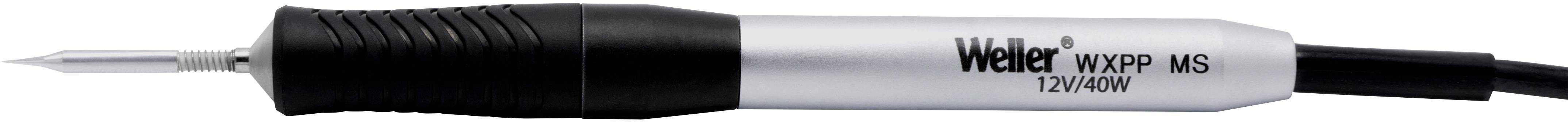 Lötkolben mit der Aufschrift 'Weller WP WP 75 12V/80W'. Schwarzer Griff, Metallspitze, Verbindungskabel an der rechten Seite.