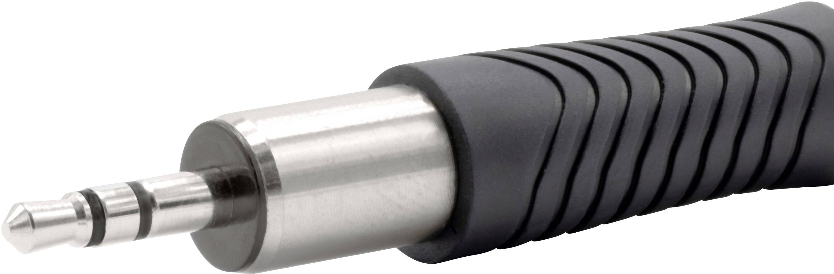 Schwarzer Audiostecker mit Metallspitze und gerilltem Griff. Verwendet zum Verbinden von Kopfhörern oder Lautsprechern mit Audiogeräten.