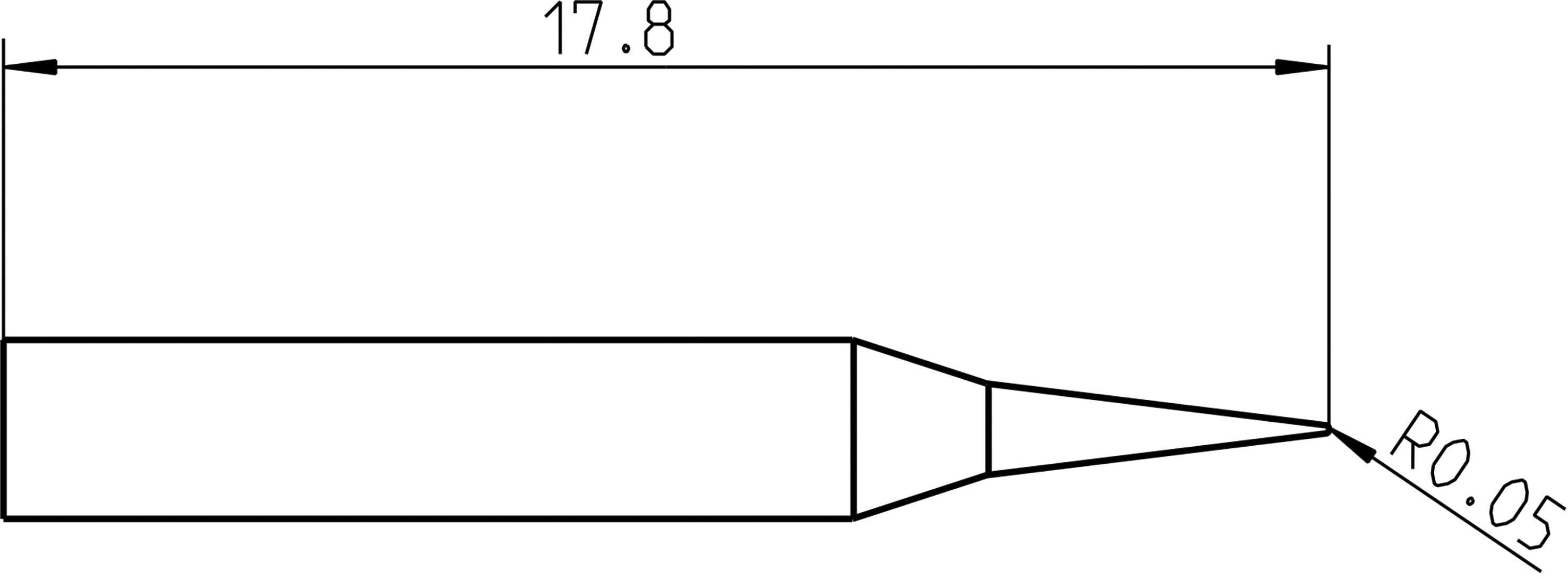 Technische Zeichnung einer Lötspitze mit den Maßen 17,8 mm Länge und einem Radius von 0,05 mm an der Spitze.