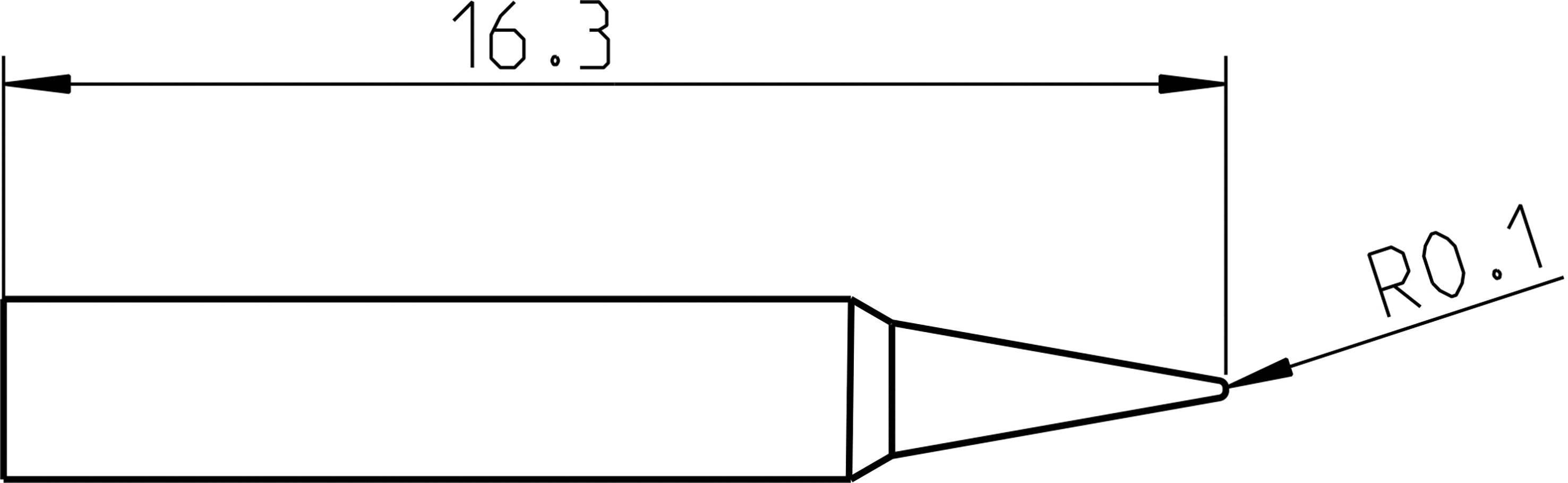 Technische Zeichnung eines konischen Objekts mit zwei Maßen: Gesamtlänge 16.3 Einheiten, Neigungsradius R0.1.
