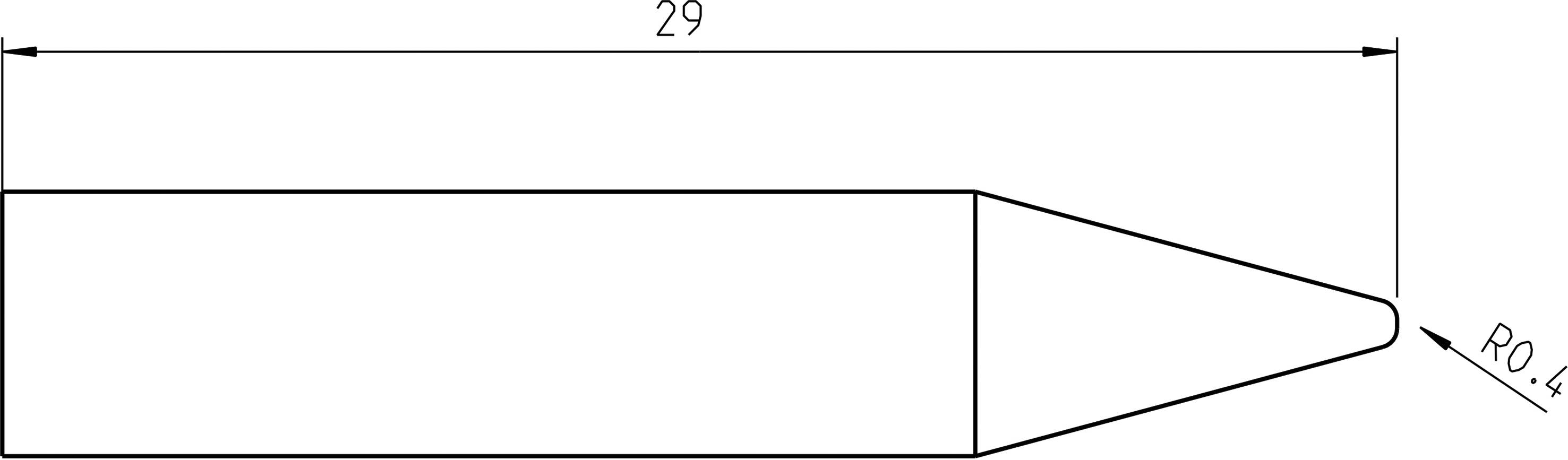 Technische Zeichnung eines länglichen Objekts mit einer spitz zulaufenden Spitze. Länge: 29 Einheiten, abgerundeter Radius: R0,4.