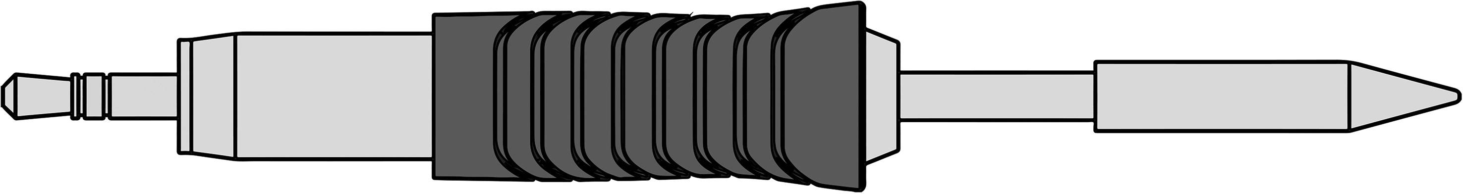 Eine Schwarz-Weiß-Zeichnung eines 6,35 mm Klinkensteckers mit geriffeltem Griff und Metallspitze, typisch für Audioverbindungen.
