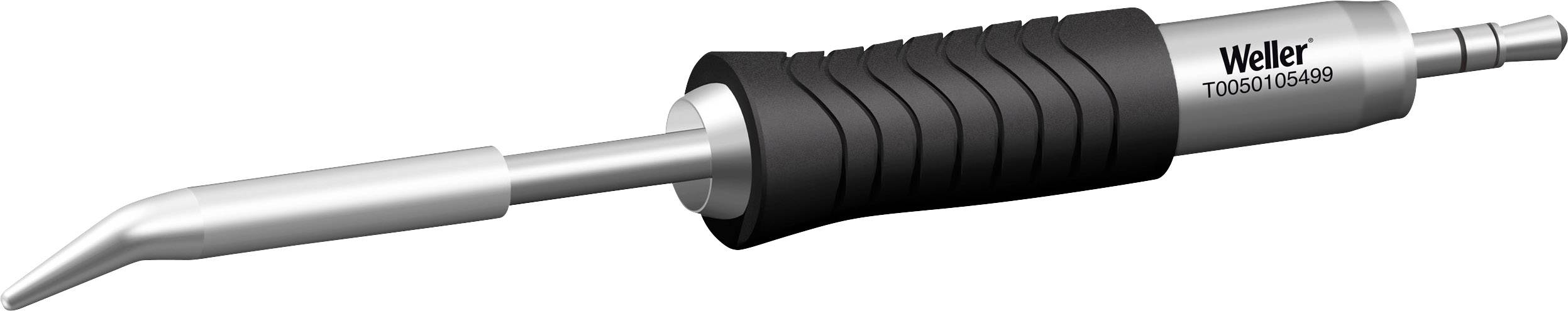 Ein Lötkolben mit gebogener Spitze. Griff mit parallen strukturellen Rillen. Aufschrift: 'Weller T0050102049'.