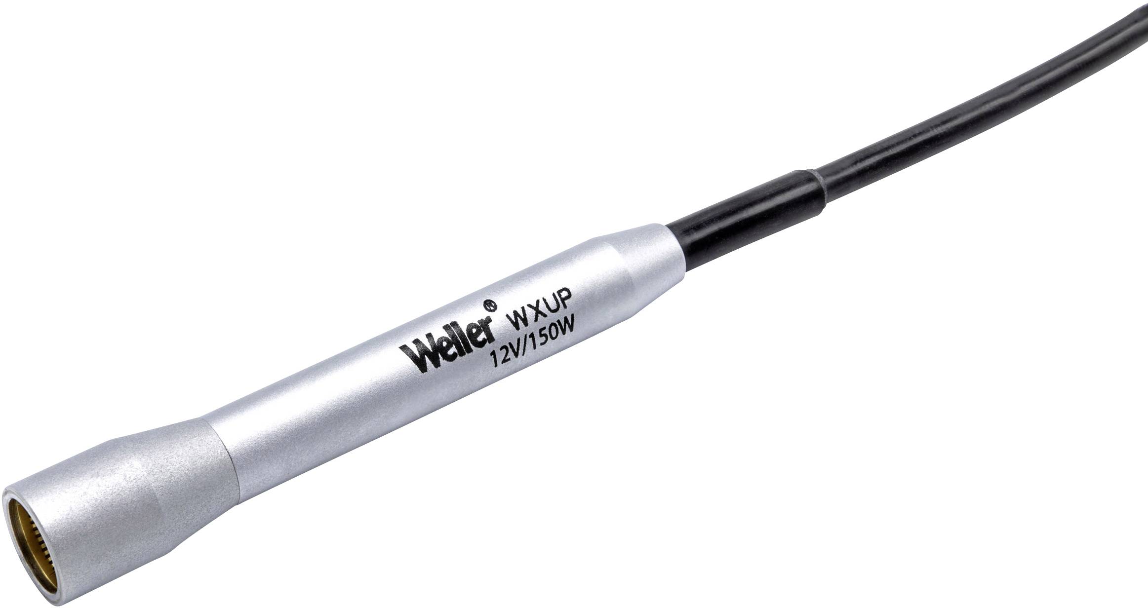 Lötkolben mit einem silbernen Griff, beschriftet mit 'Weller WXUP 12V/150W', verbunden mit einem schwarzen Kabel.