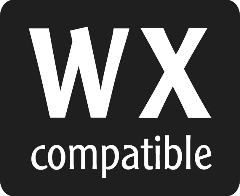 'WX compatible' auf einem schwarzen Hintergrund in weißer Schrift.