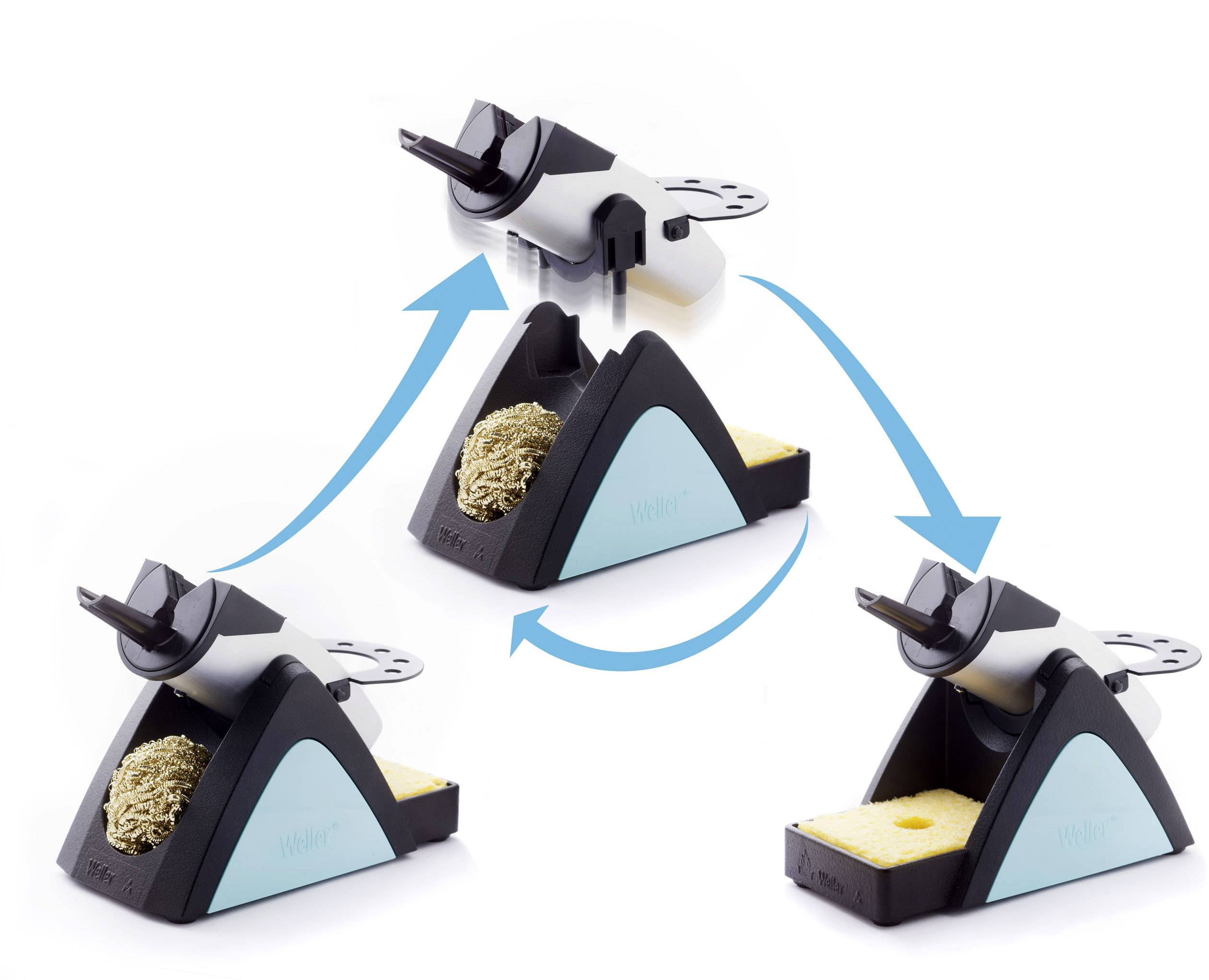 Lötkolbenständer mit Lötspitze, Reinigungsschwamm und -wolle. Pfeile zeigen die Bewegung der Lötspitze zwischen den Ständen.