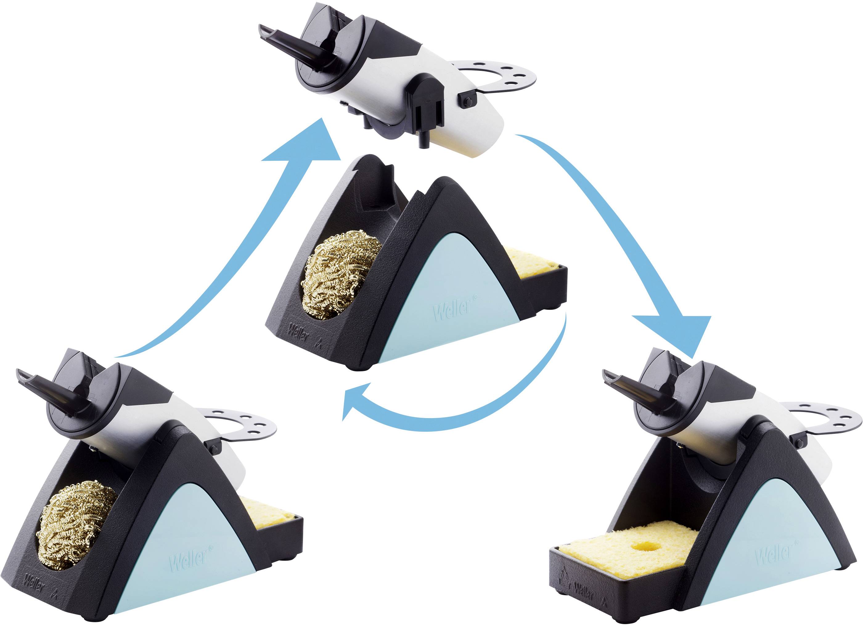 'Drei Abbildungen eines Lötzinnreinigers mit blauer Pfeilführung: Oberseite beim Reinigen, linke Drahtwolle und rechte Schwammreinigung.'