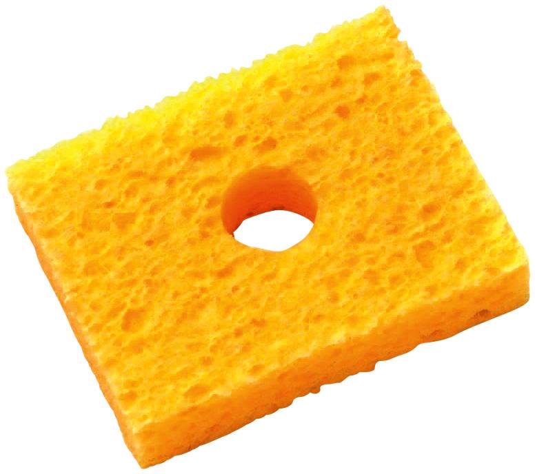 Ein leuchtend orangefarbener rechteckiger Schwamm mit einem Loch in der Mitte.