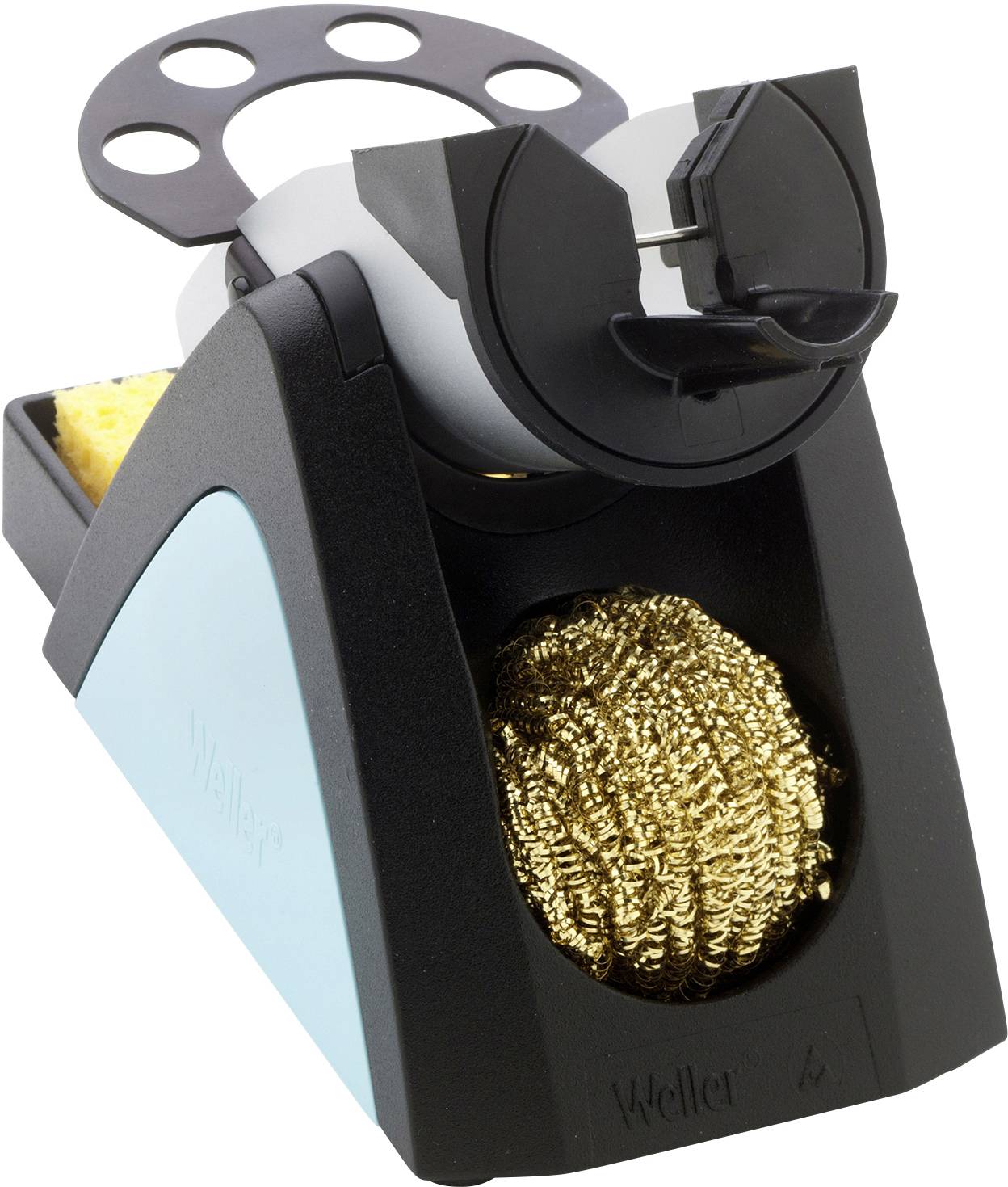 Lötkolbenhalter mit runder Spulenstruktur oben, goldenes Metallschwammfach vorne und blauer Element an der Seite.