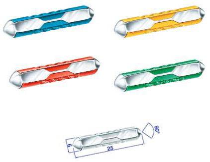 Vier verschiedenfarbige Bajonettverschlüsse, oben zwei in Blau und Gelb, unten zwei in Rot und Grün, mit technischen Zeichnungen unten.