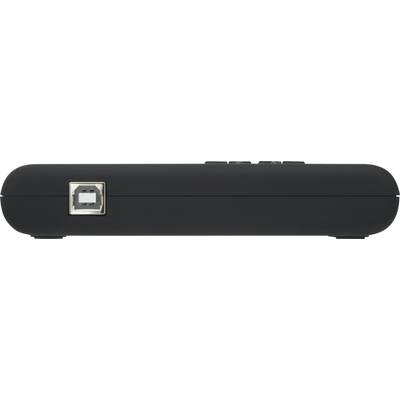 Eine schwarze, rechteckige Box mit einem USB-Anschluss an der Seite.