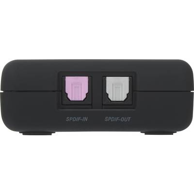 'Schwarzes Gerät mit zwei optischen SPDIF-Anschlüssen, links beschriftet als SPDIF-IN in rosa und rechts als SPDIF-OUT in weiß.'
