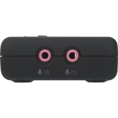 Ein schwarzes Gerät mit zwei rosa Audiobuchsen, beschriftet mit 'Mikrofon (2)' und 'Mikrofon (1)'.