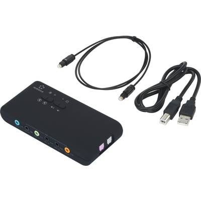 Externe Soundkarte mit USB-Anschluss und diversen farbcodierten Audioeingängen. Enthält zwei Verbindungskabel.