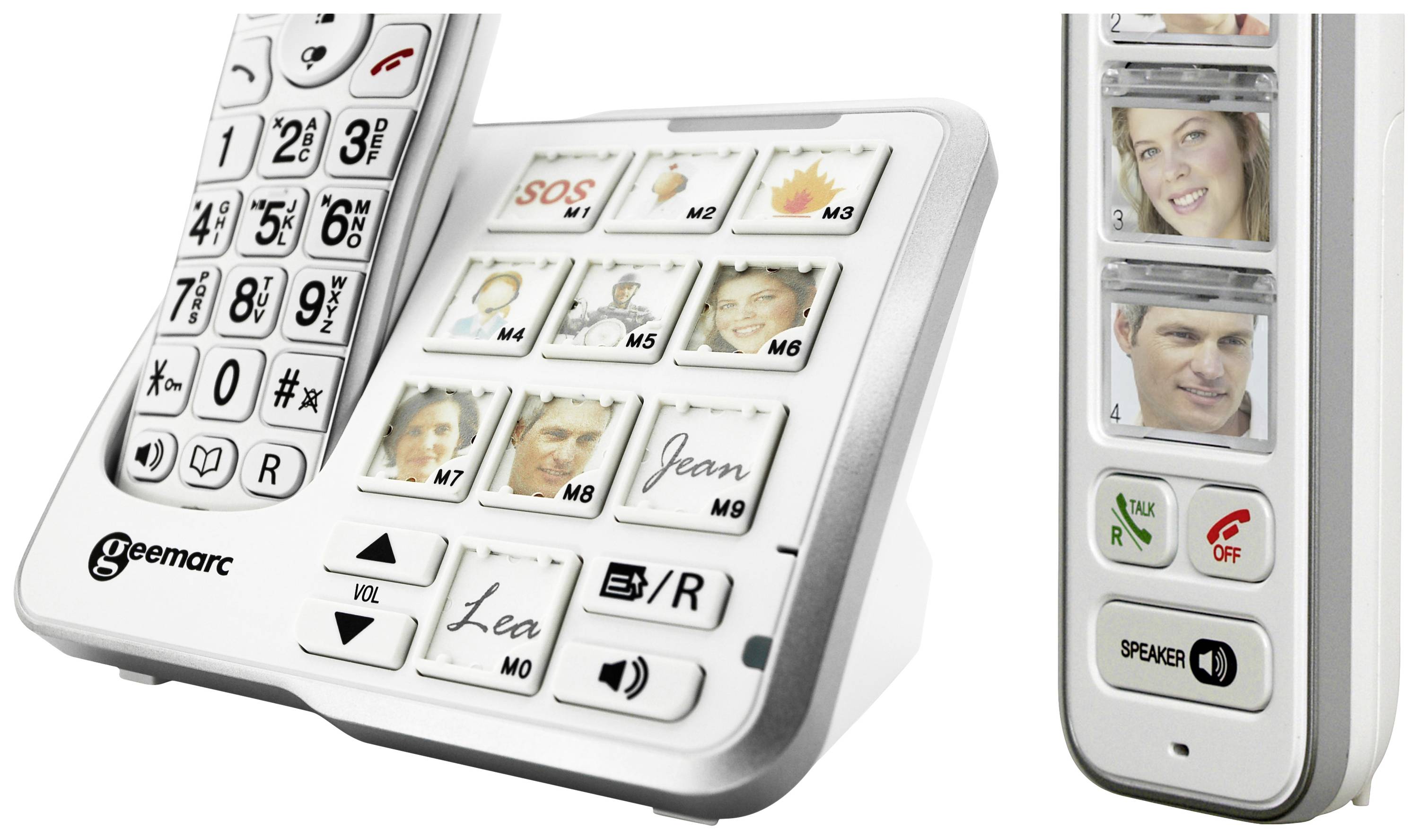 Schnurloses Telefon mit großen Tasten und sechs Fototasten für schnellen Zugriff auf gespeicherte Kontakte, geeignet für Senioren.