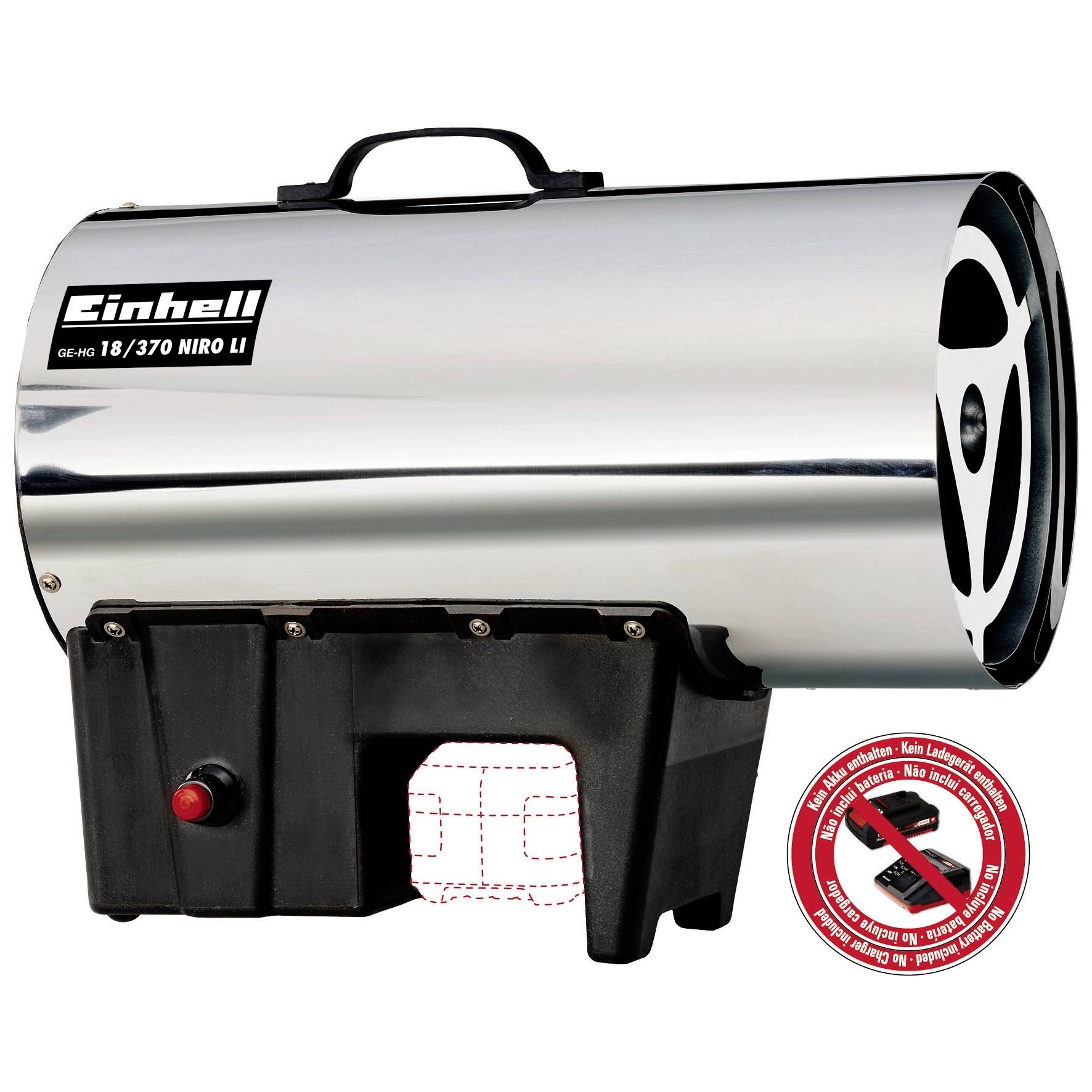 Einhell Gasheizer in silberner Farbe mit schwarzem Standfuß, Lüftungsöffnung und Warnaufkleber, geeignet für Baustellenheizung.