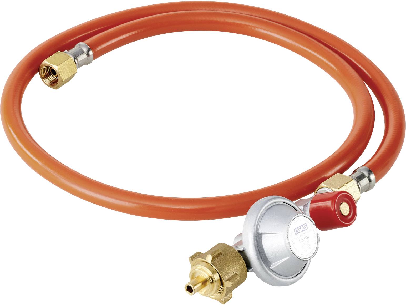 Ein roter Gasschlauch mit einem Druckregler und Messinganschlüssen, geeignet für den Anschluss an gasbetriebene Geräte.