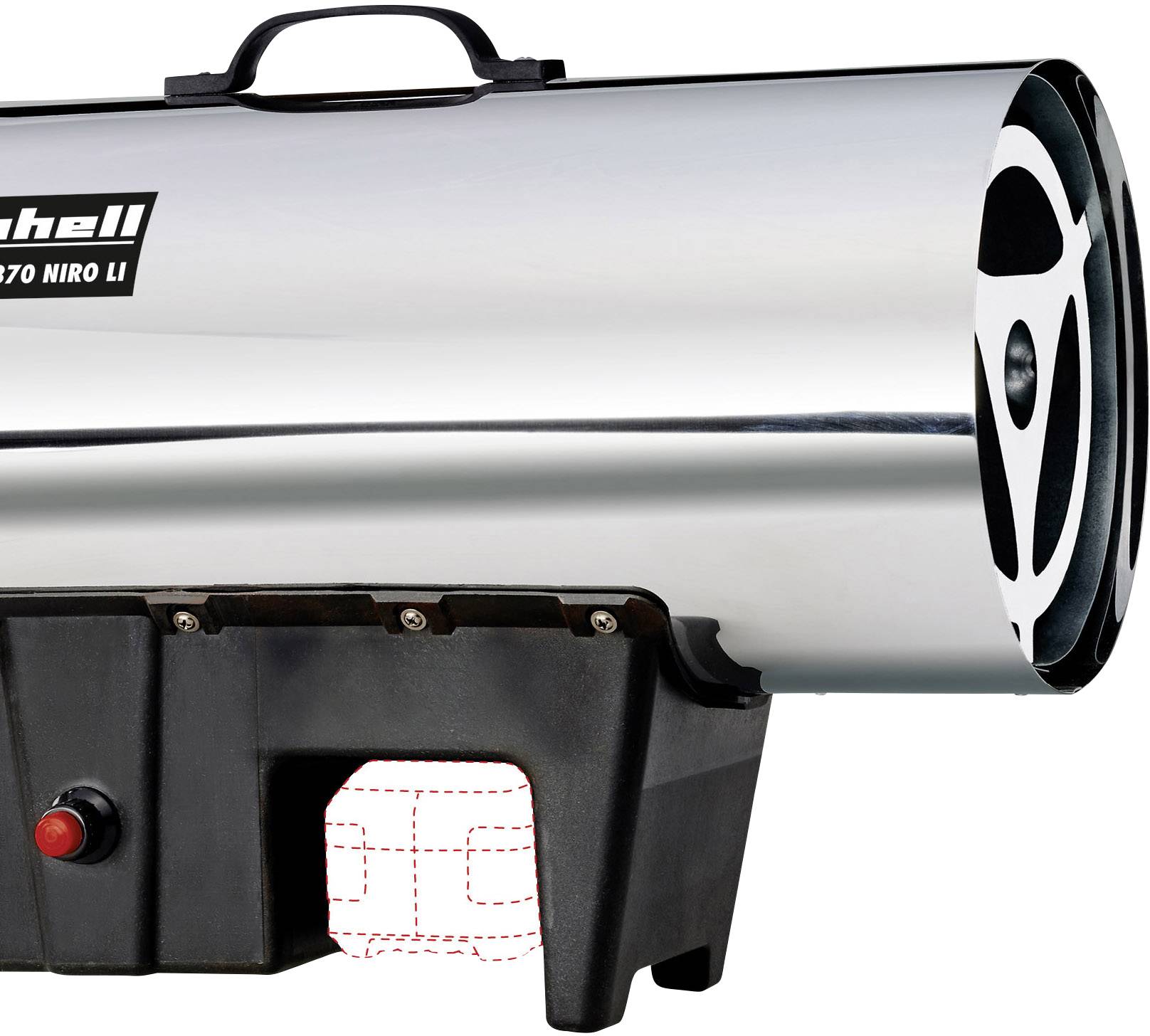 Ein mobiler Heizlüfter aus Metall auf einem schwarzen Ständer mit rotem Schalter.