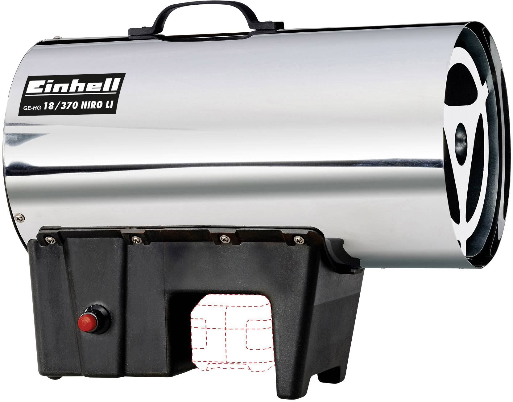 Ein tragbarer, silberner Heizlüfter auf einem schwarzen Sockel mit rotem Schalter.