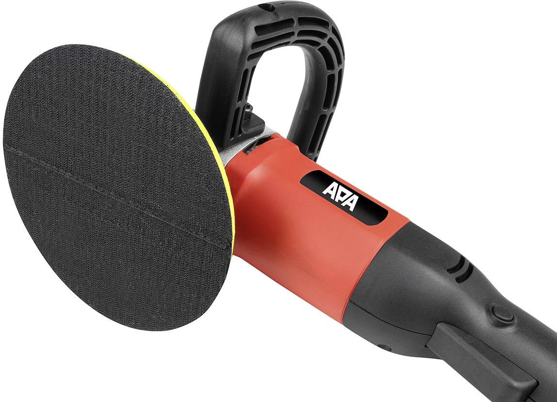 'Roter elektrischer Schleifer mit schwarzem Schleifpad und ergonomischem Griff, geeignet für Oberflächenbearbeitung und Polieren.'
