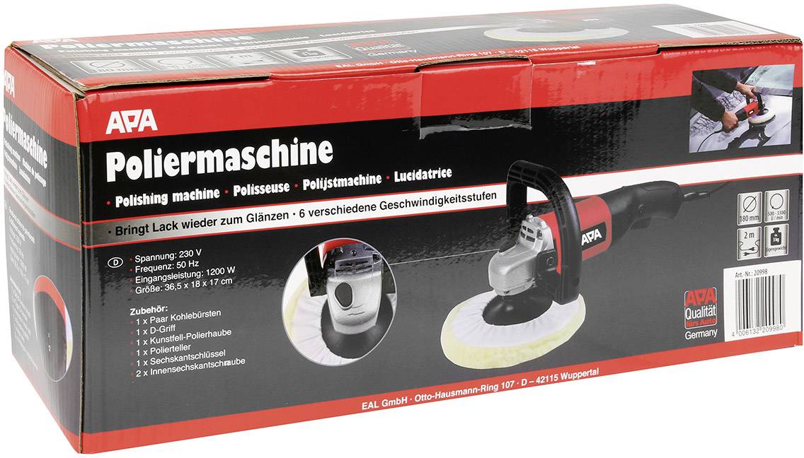 'APA Poliermaschine' Produktverpackung mit Bild der Poliermaschine. Auflistung der Spezifikationen wie Spannung, Leistung und Zubehör.