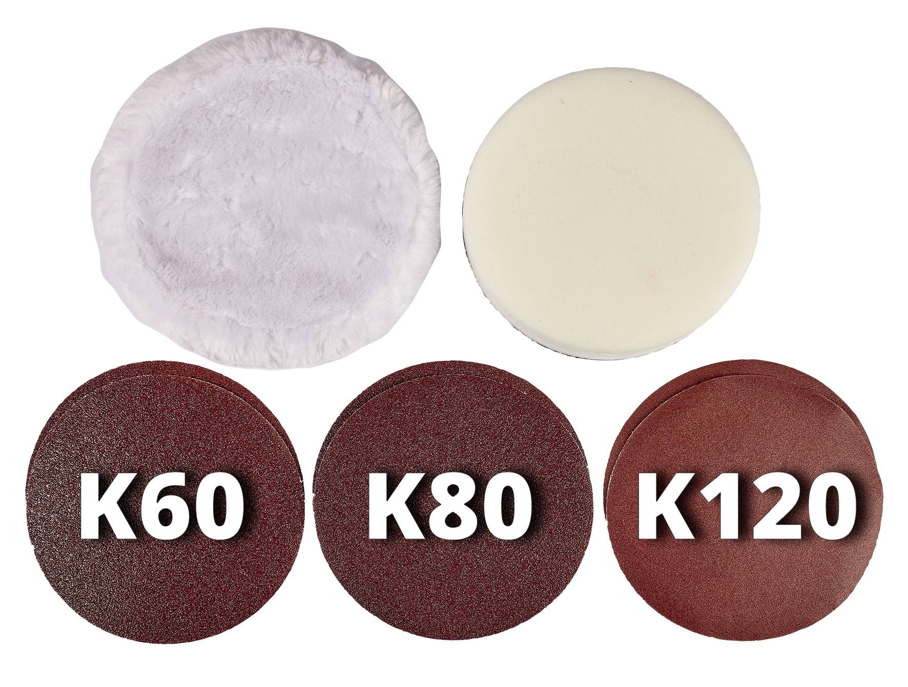 'Fünf Schleifpads in verschiedenen Körnungen: zwei weiße Polierpads oben, drei rote Schleifpads mit Aufdruck K60, K80, K120 unten.'
