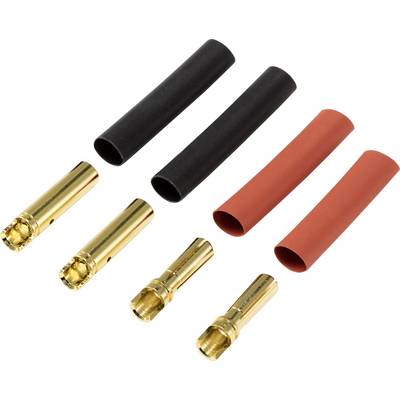 Goldene und rote Steckverbinder sowie schwarze und rote Schrumpfschläuche zum Isolieren und Verbinden elektrischer Kabel.