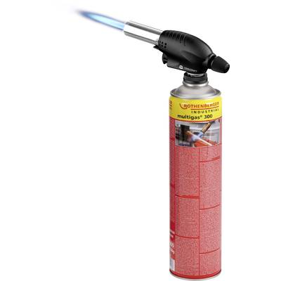 Ein Gasbrenner mit einer blauen Flamme oberhalb einer Rothenberger-Gasflasche.