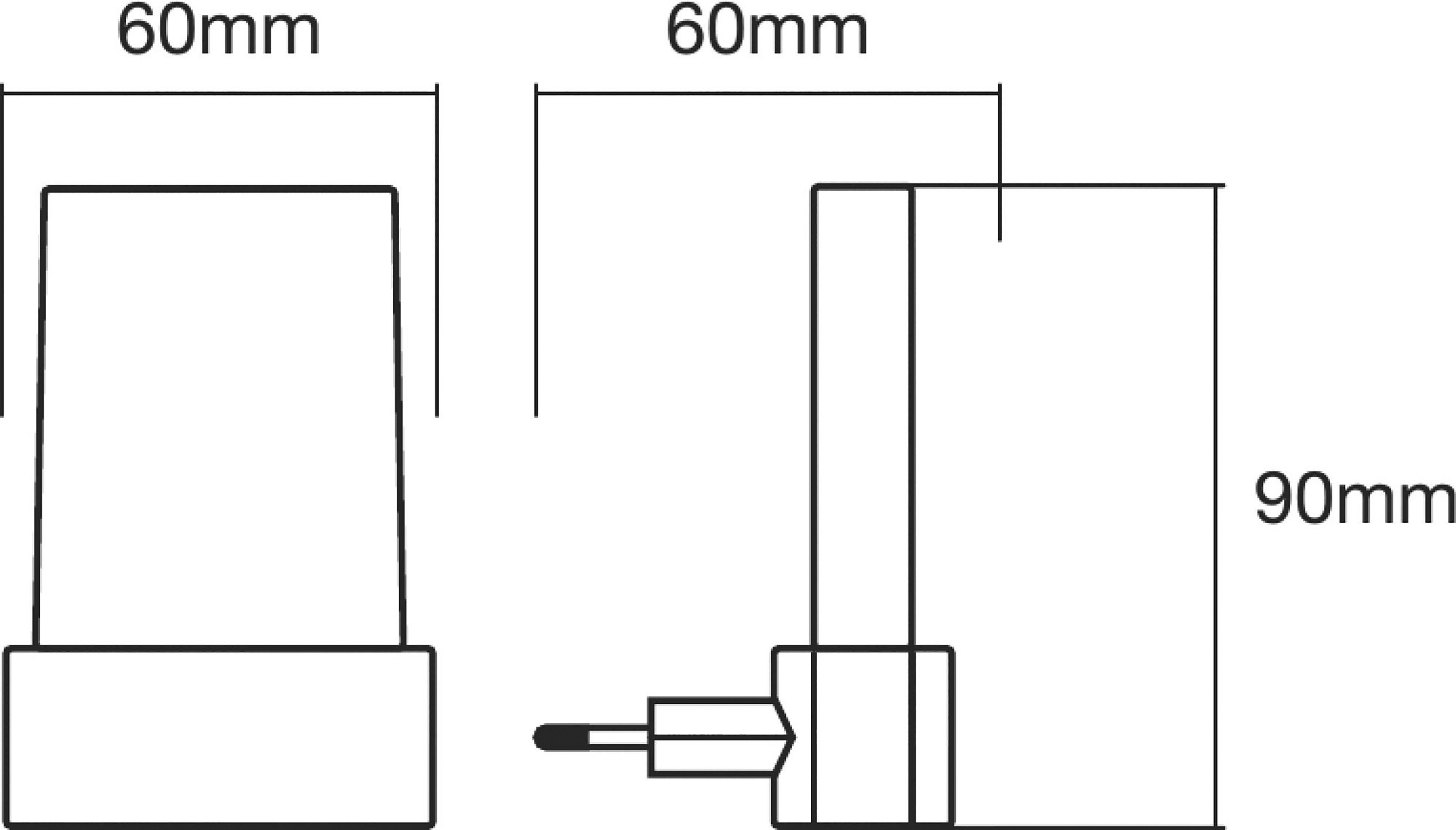 Skizze eines rechteckigen Gegenstandes mit den Maßen 60 mm Breite und 90 mm Höhe, mit seitlichem Stecker für Stromanschluss.