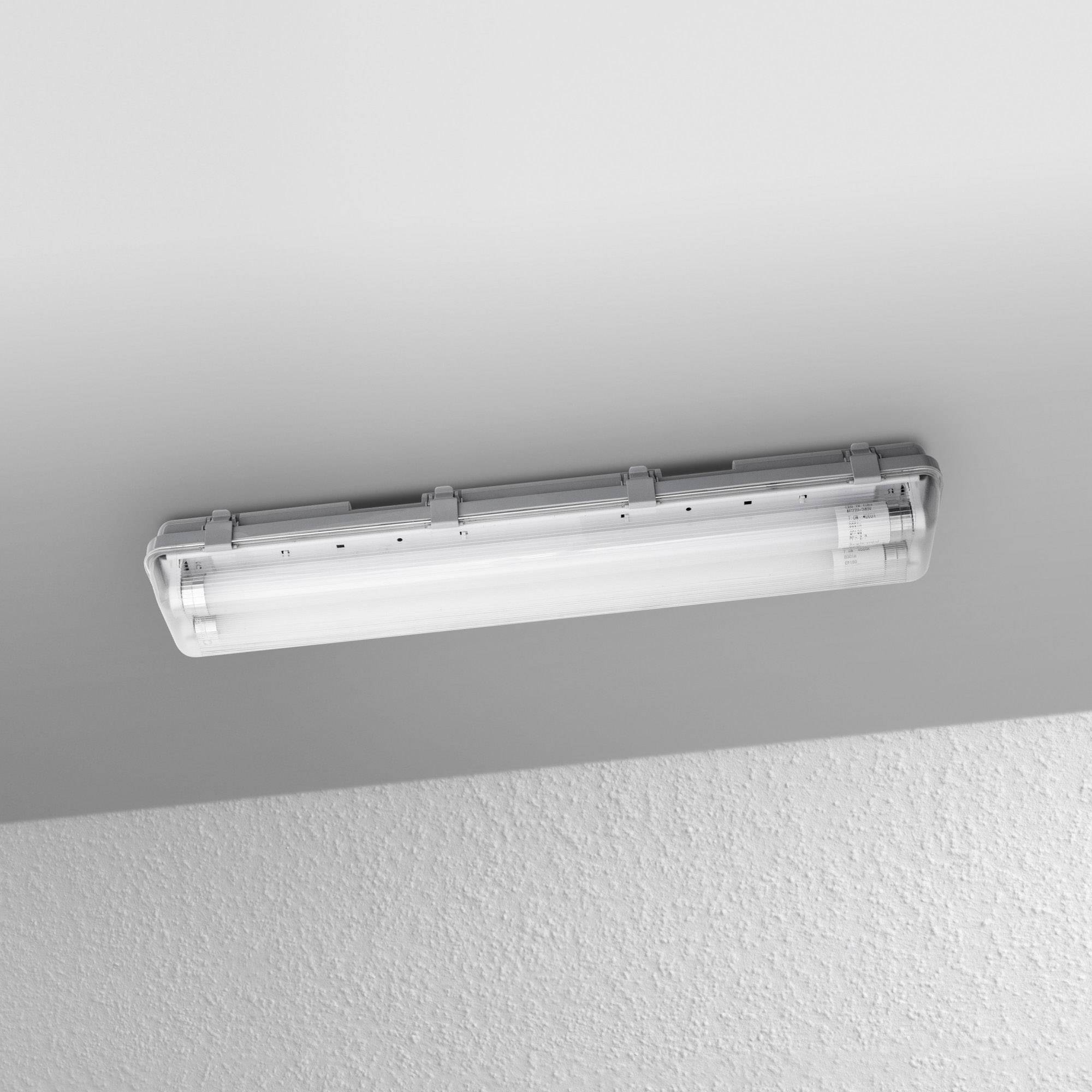 Leuchtstoffröhre an der Decke, eingeschaltet, spendet weißes Licht, minimalistisch und funktional, passend für Büro- oder Industrieumgebung.