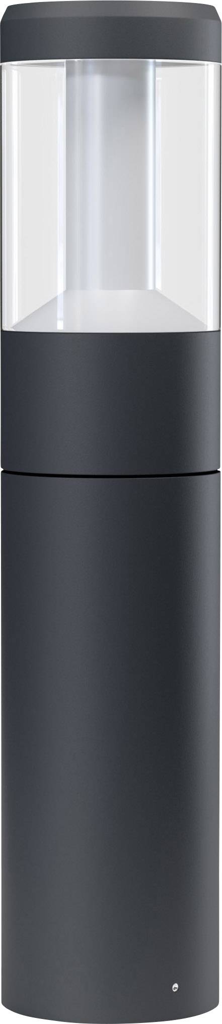 Schwarze zylindrische Außenleuchte mit Glas-Abdeckung oben.
