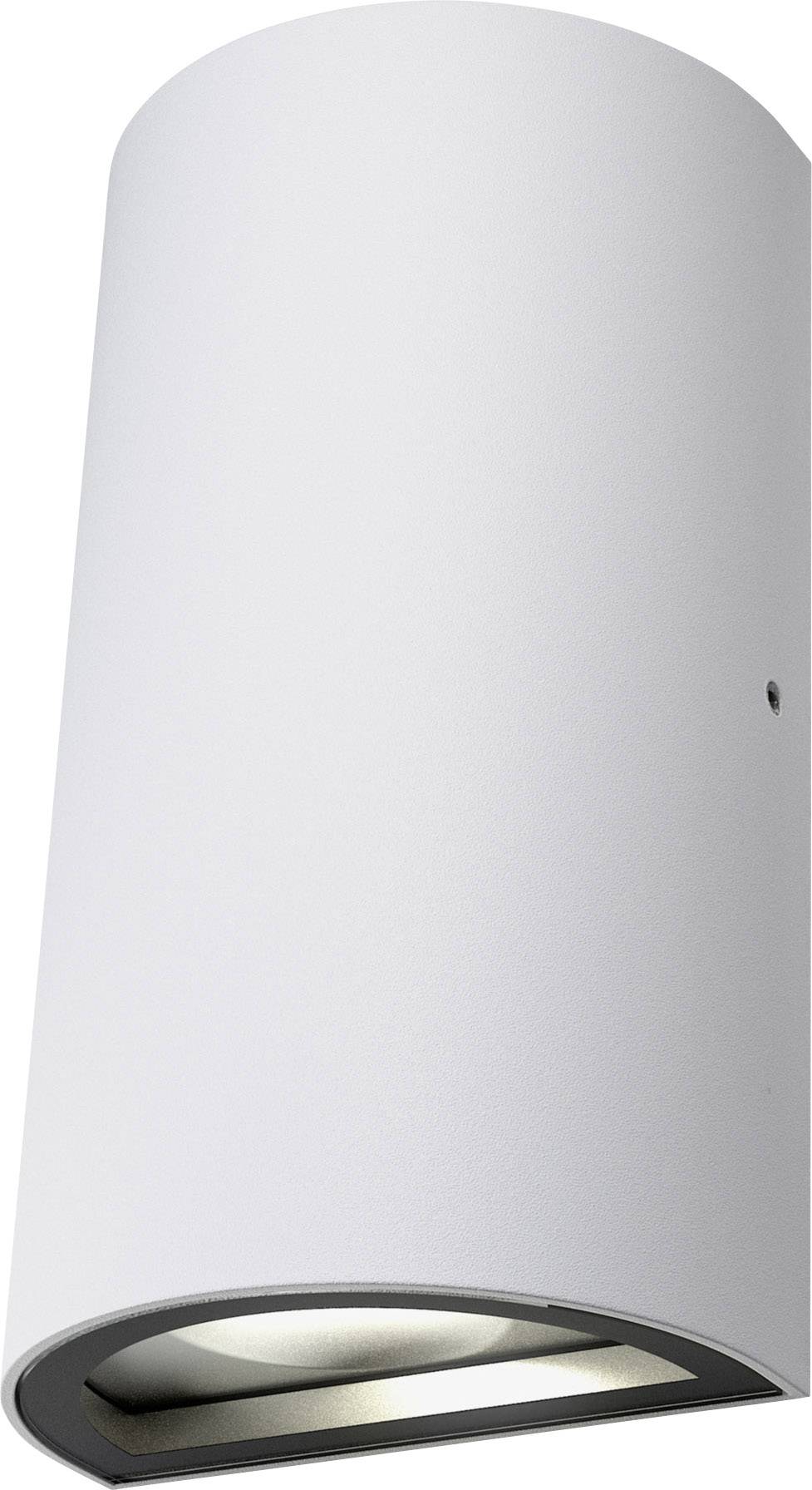 Eine zylindrische LED-Wandleuchte aus Metall mit modernem Design und nach unten gerichtetem Lichtaustritt.