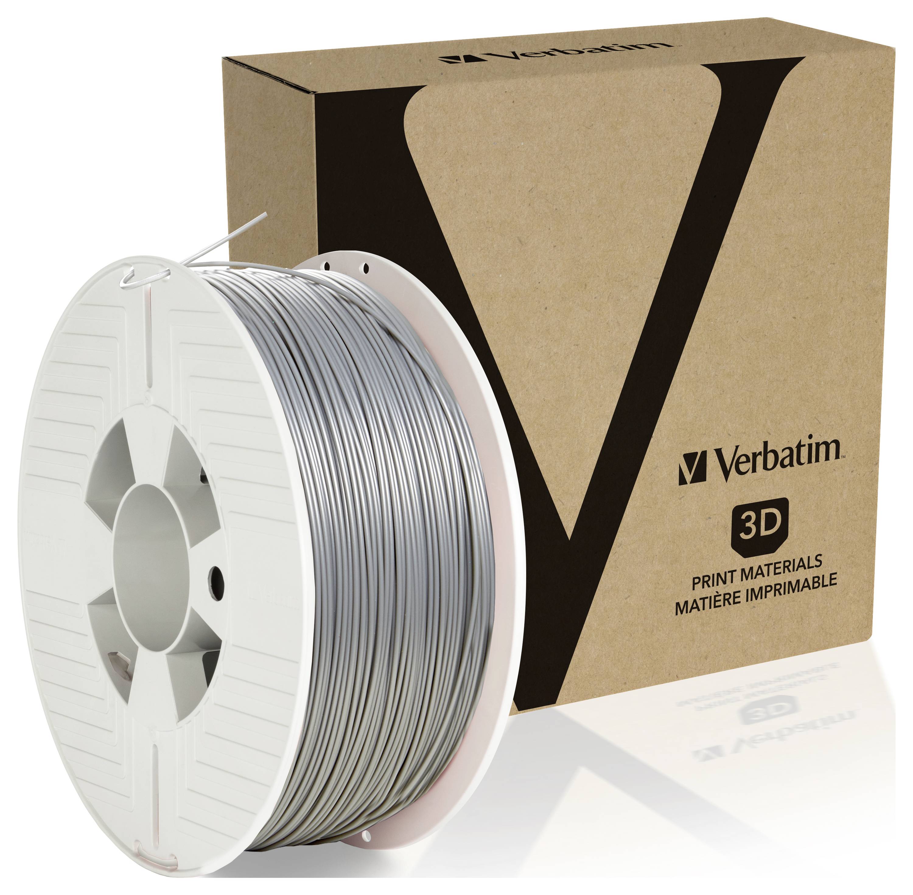 3D-Druckfilament Rolle vor einer Verpackung mit 'Verbatim 3D'-Logo.