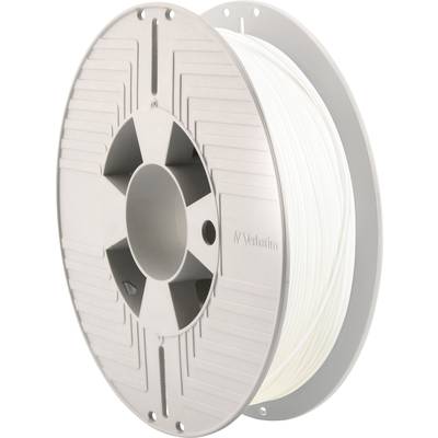 Eine Spule mit weißem 3D-Drucker-Filament von Verbatim. Sie hat eine runde Form und Rippenstruktur um die Mitte der Rolle.