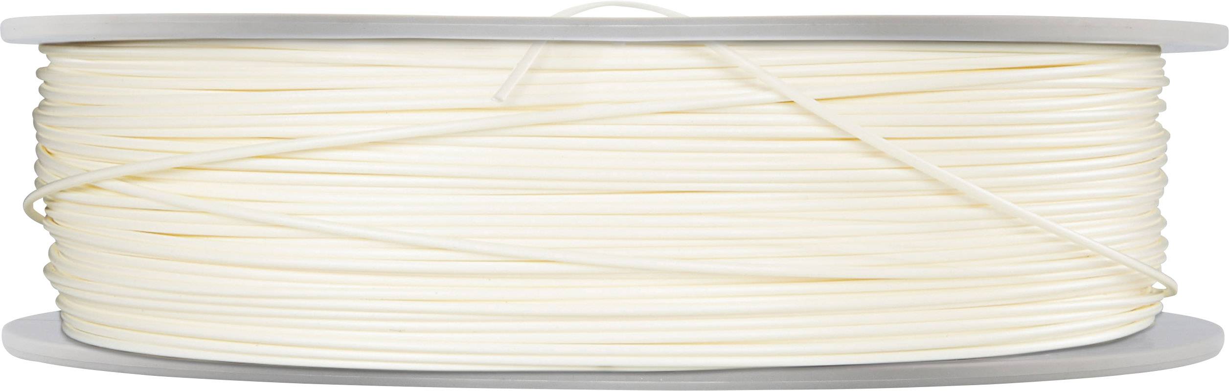 Eine Rolle mit weißem 3D-Druckerfilament auf einem Kunststoffspulenkörper.