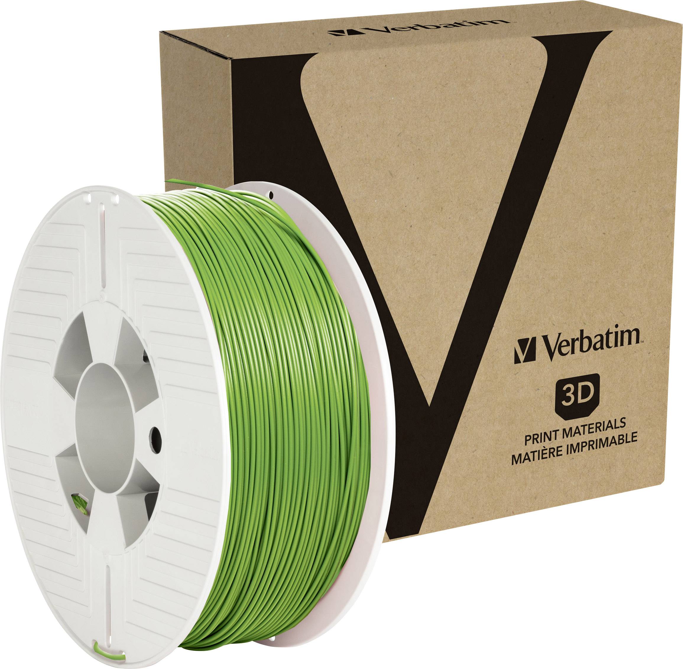 3D-Druckfilament in grün auf einer Spule vor einer Verpackung mit der Aufschrift 'Verbatim 3D Print Materials'.