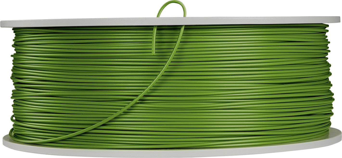 'Grüne Filamentspule aus Kunststoff, auf einer weißen Rolle aufgewickelt. Das Filament wird in 3D-Druckern verwendet.'