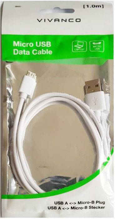 Verpackung eines weißen Vivanco Micro USB-Datenkabels, 1 Meter lang. Geeignet für USB A zu Micro-B Verbindungen.