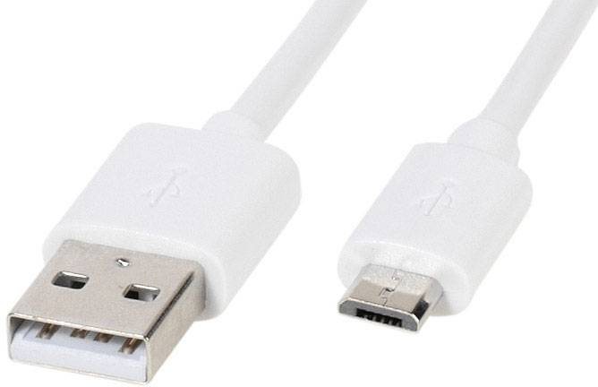 Ein weißes Kabel mit einem USB- und einem Micro-USB-Stecker, verwendet zum Verbinden oder Laden elektronischer Geräte.