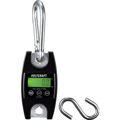 Elektronische Hängewaage mit Haken. Bildschirm zeigt '0.0 kg'. Markenname 'Voltcraft'. Maximale Kapazität: 100 kg.