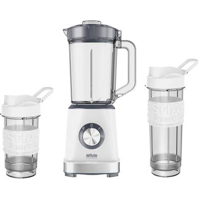 Ein weißer Mixer mit zwei durchsichtigen Trinkbehältern. Der Mixer hat einen Drehregler mit den Zahlen 0 bis 2.