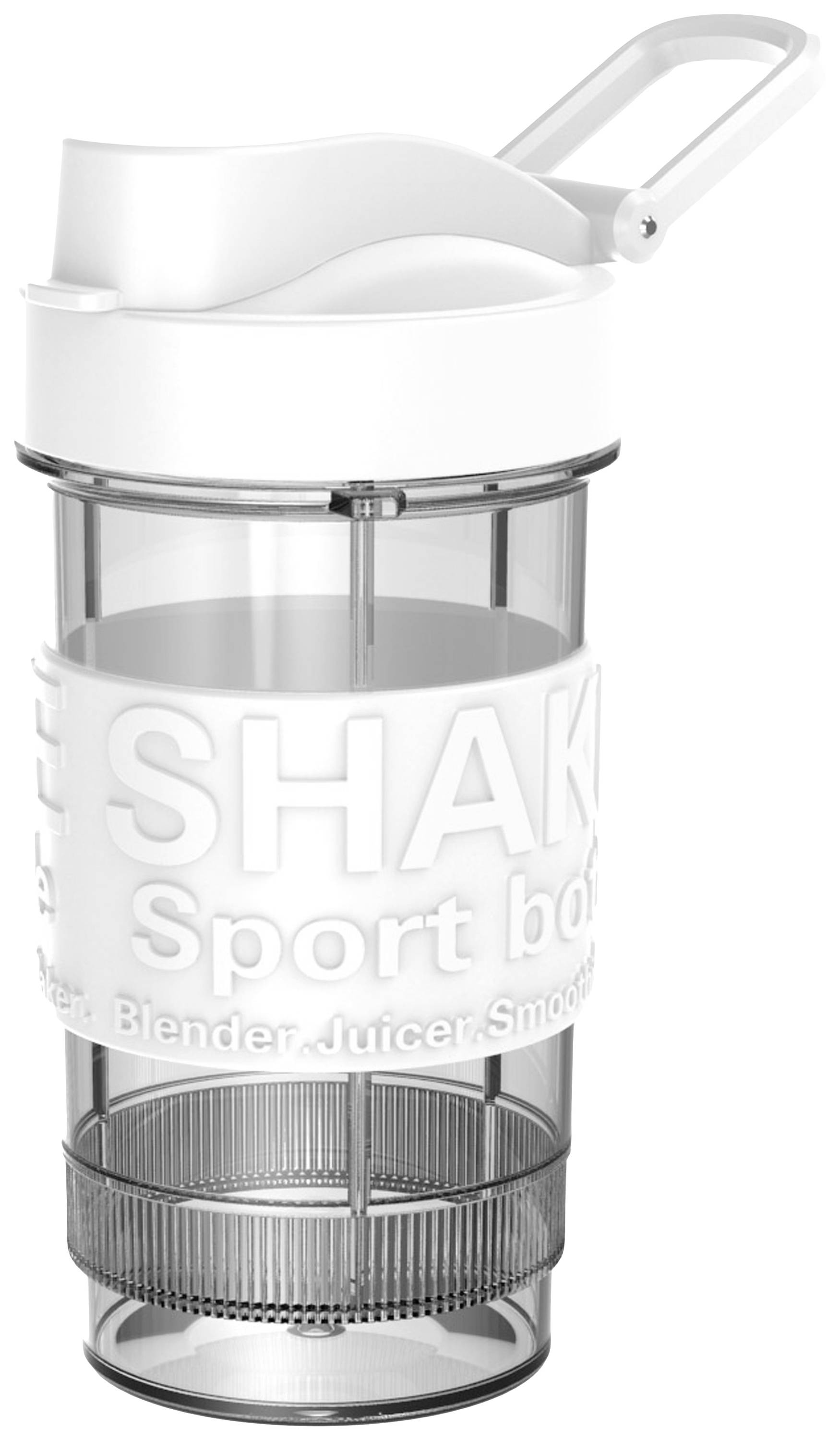 Transparente Shaker-Flasche mit weißem Deckel und integriertem Sieb, geeignet für Sportgetränke und Smoothies.
