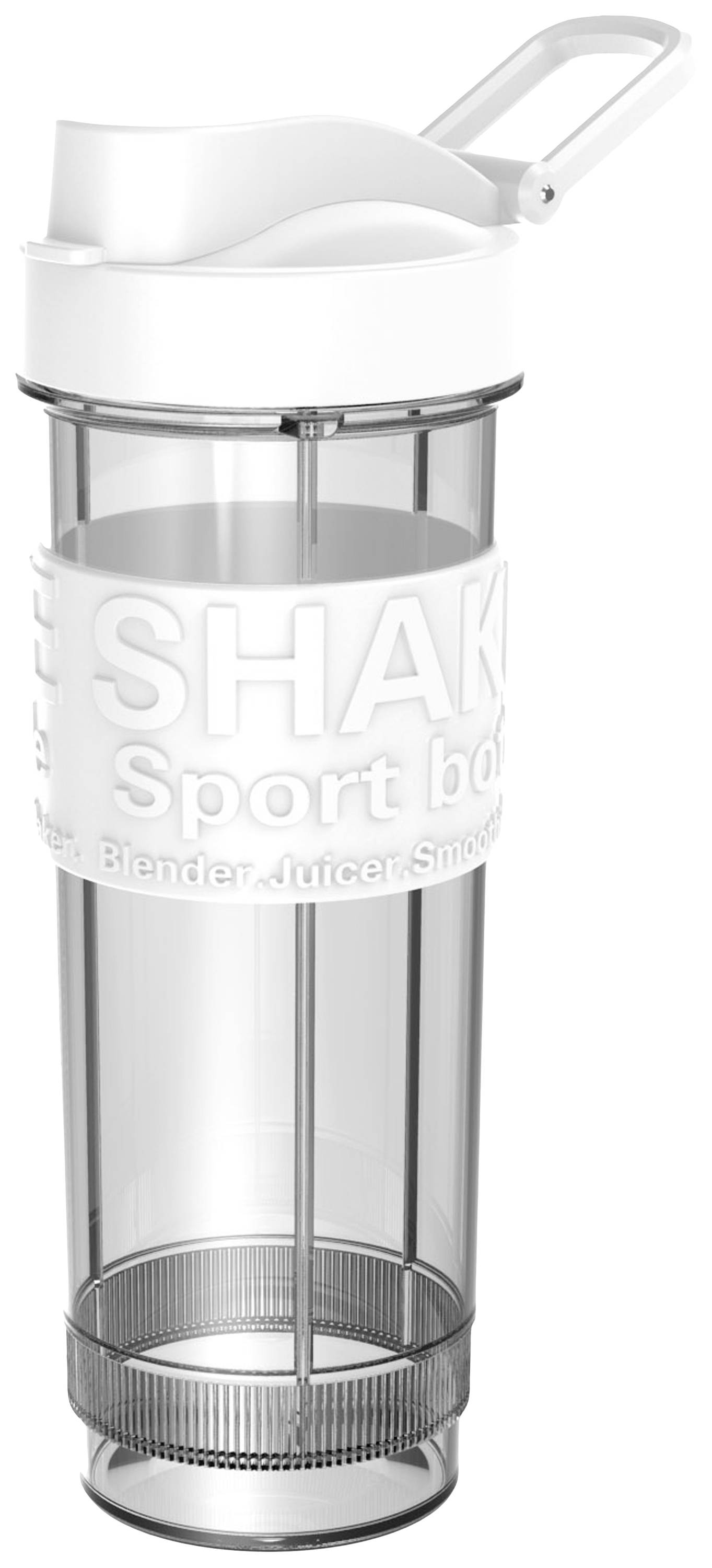 Transparente Trinkflasche, mit abnehmbarem Deckel und integriertem Tragegriff, ideal für Sport und unterwegs.