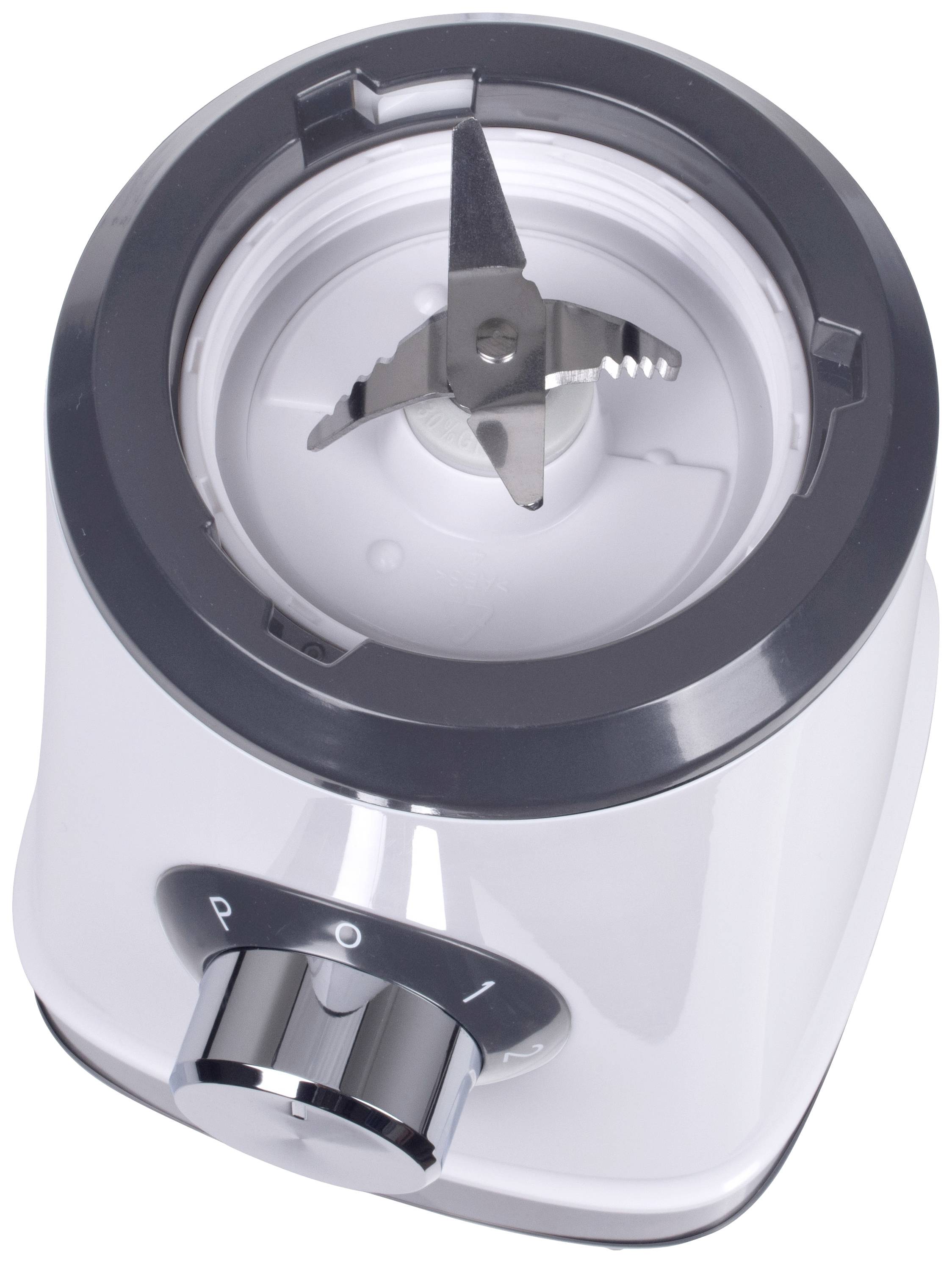 Ein Küchenmixer von oben mit sichtbar eingesetztem Klingenaufsatz und Drehknopf zur Steuerung der Geschwindigkeiten.