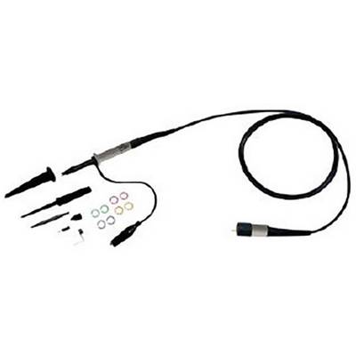 Oszilloskop-Tastkopf mit Kabel, verschiedenen Spitzen und farbigen Markierungsringen, zur Messung elektrischer Signale.