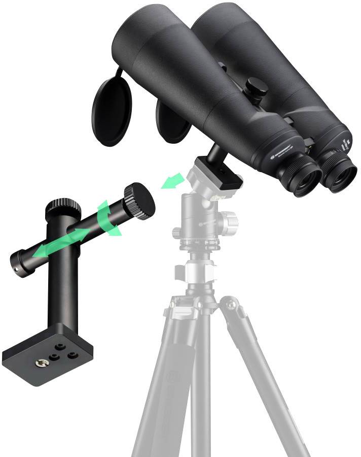 'Ein Fernglas auf einem Stativ, daneben eine abnehmbare Halterung zur Befestigung am Stativ.'