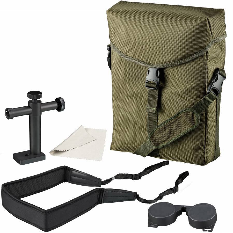 Ein olivgrünes Fernglas-Set mit Tasche, Stativadapter, Trageriemen, Schutzkappen und Reinigungstuch. Ideal für Outdoor-Aktivitäten.